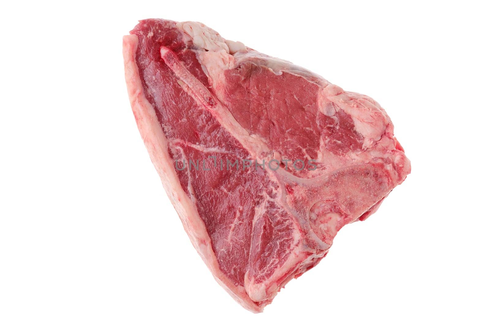 Overhead view of raw porterhouse steak, premium beef meat isolated on white background