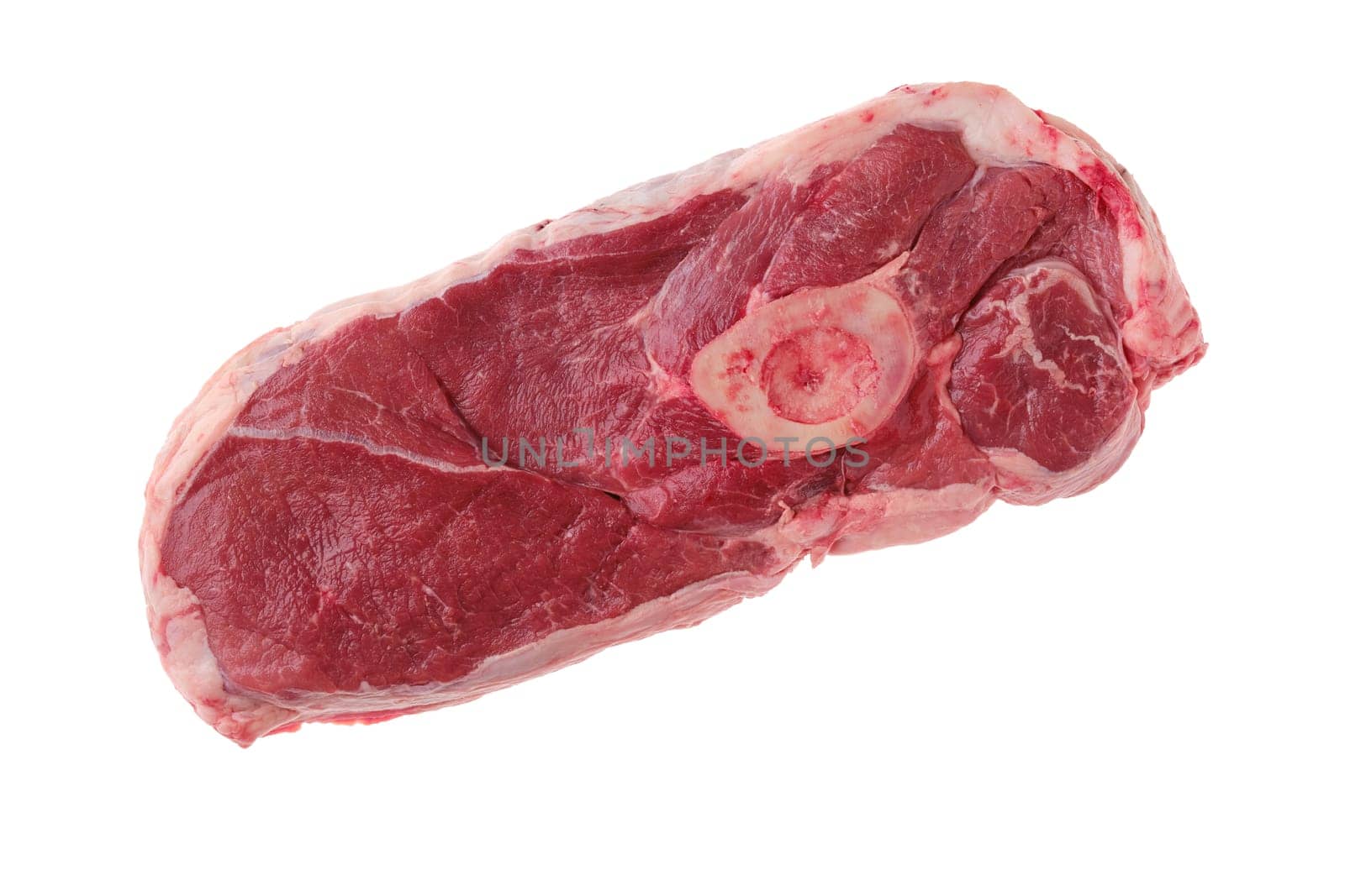 Overhead view of raw chuck eye steak isolated on white background