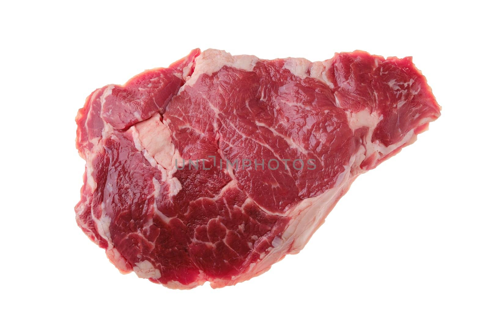 Overhead view of raw ribeye steak, premium beef boneless meat isolated on white background