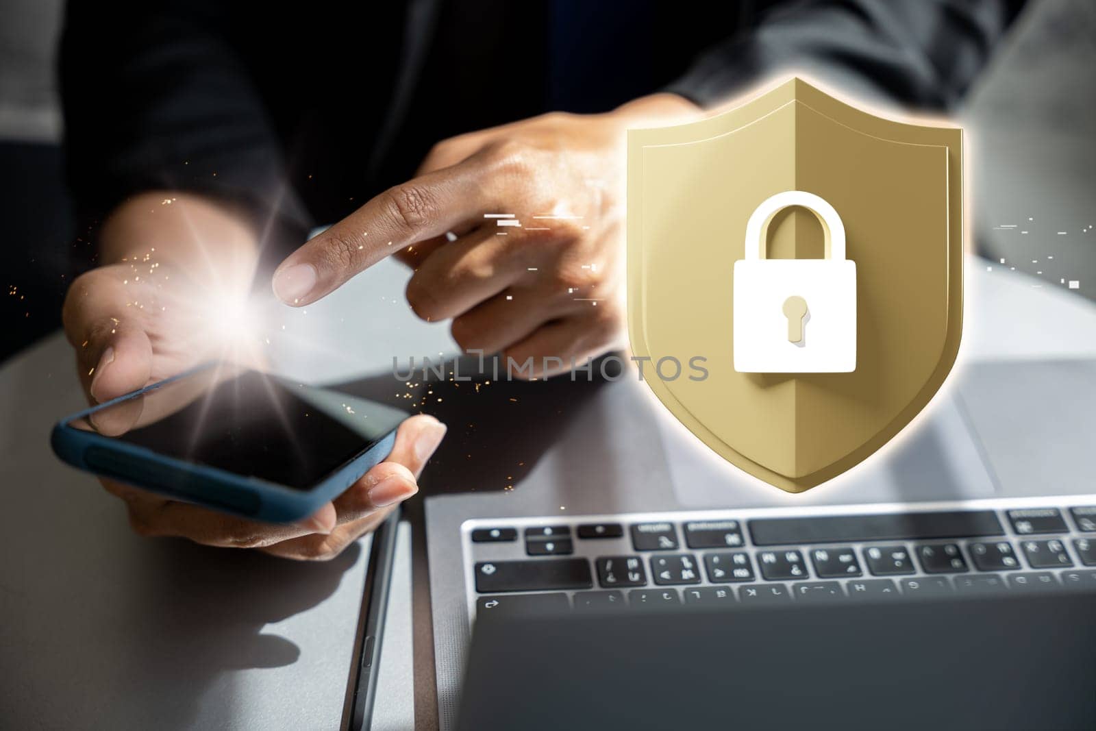 Security networks. Business man people pointing finger to screen of mobile phone, 3D golden shield with lock icon for futuristic technology cyber protection from privacy on laptop computer