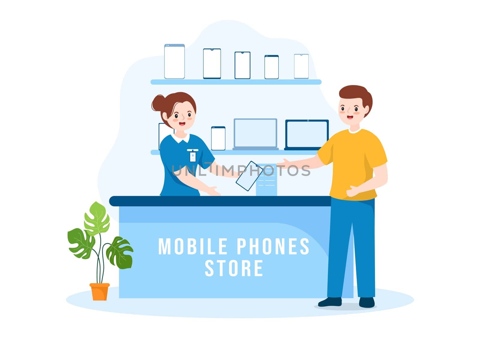 Mobile Phone Store Template Hand Drawn Cartoon Flat Illustration with Phones Models, Tablets, Gadget Retail, Other Devices and Accessories