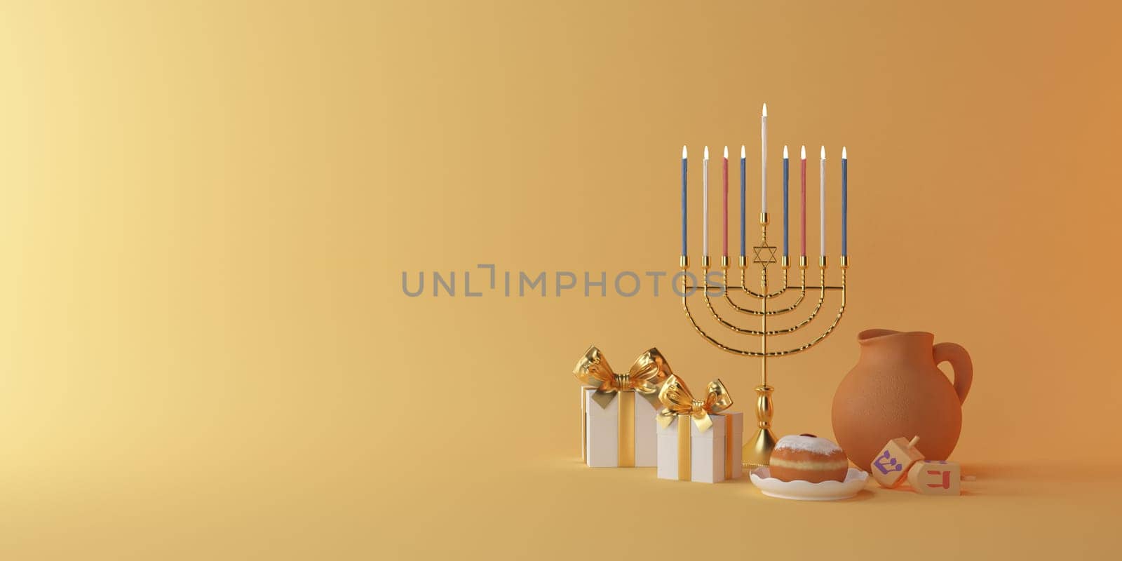 3d rendering Image of Jewish holiday Hanukkah with menorah or traditional Candelabra,gif box, donuts and wooden dreidels orspinning top, doughnut on a yellow background.