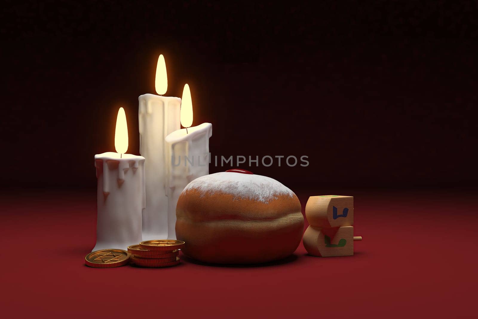 3d rendering Image of Jewish holiday Hanukkah with lighted candles, gold coin and wooden dreidels or spinning top on a  red flor and black background.