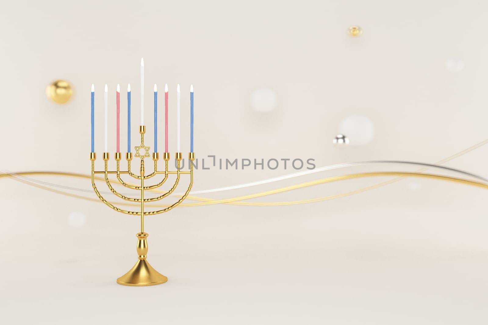 3d rendering Image of Jewish holiday Hanukkah with menorah or traditional Candelabra on a  white background.
