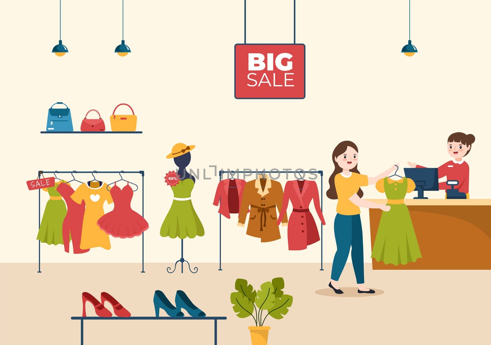 Fashion Clothing Store for Women Template Hand Drawn Cartoon Flat Illustration with Shopping Buying Products Cloth or Dresses Design