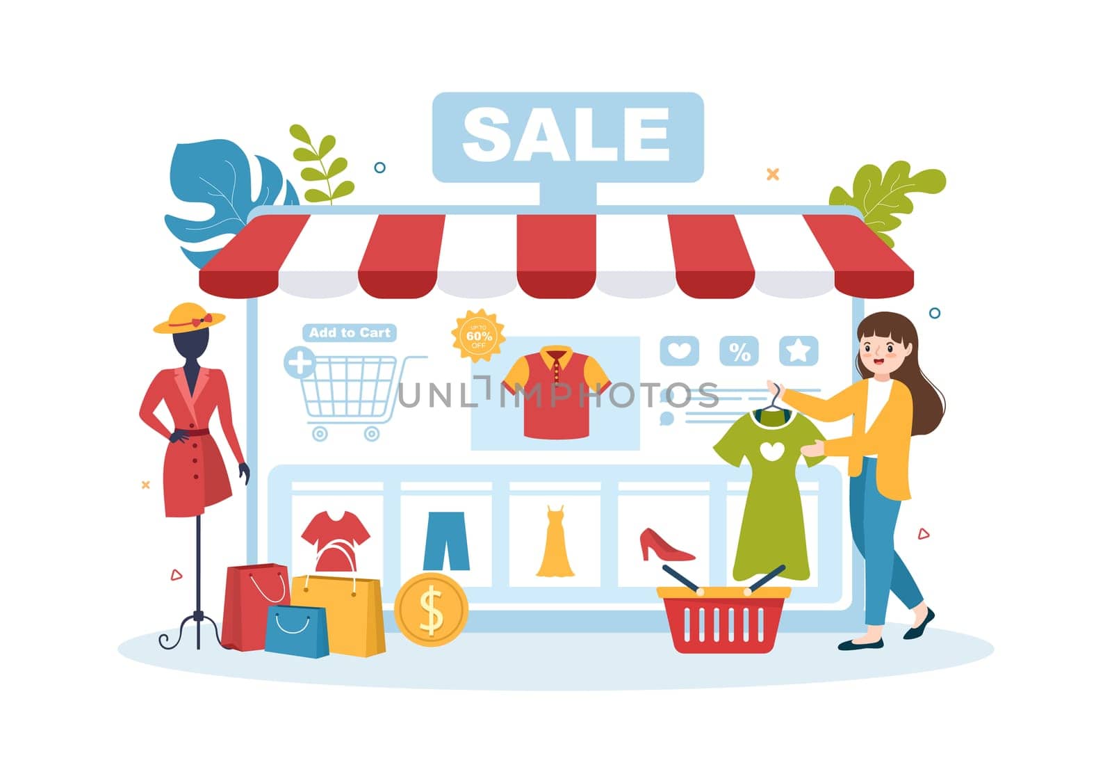 Fashion Clothing Store for Women Template Hand Drawn Cartoon Flat Illustration with Shopping Buying Products Cloth or Dresses Design