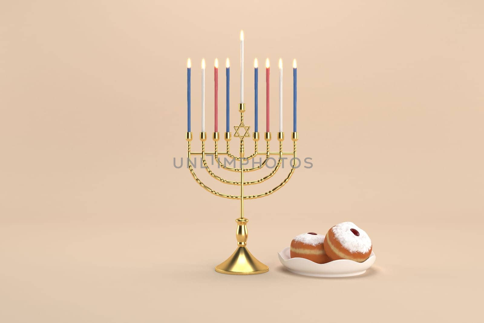 3d rendering Image of Jewish holiday Hanukkah withmenorah or traditional Candelabra and donuts on a  yellow background.