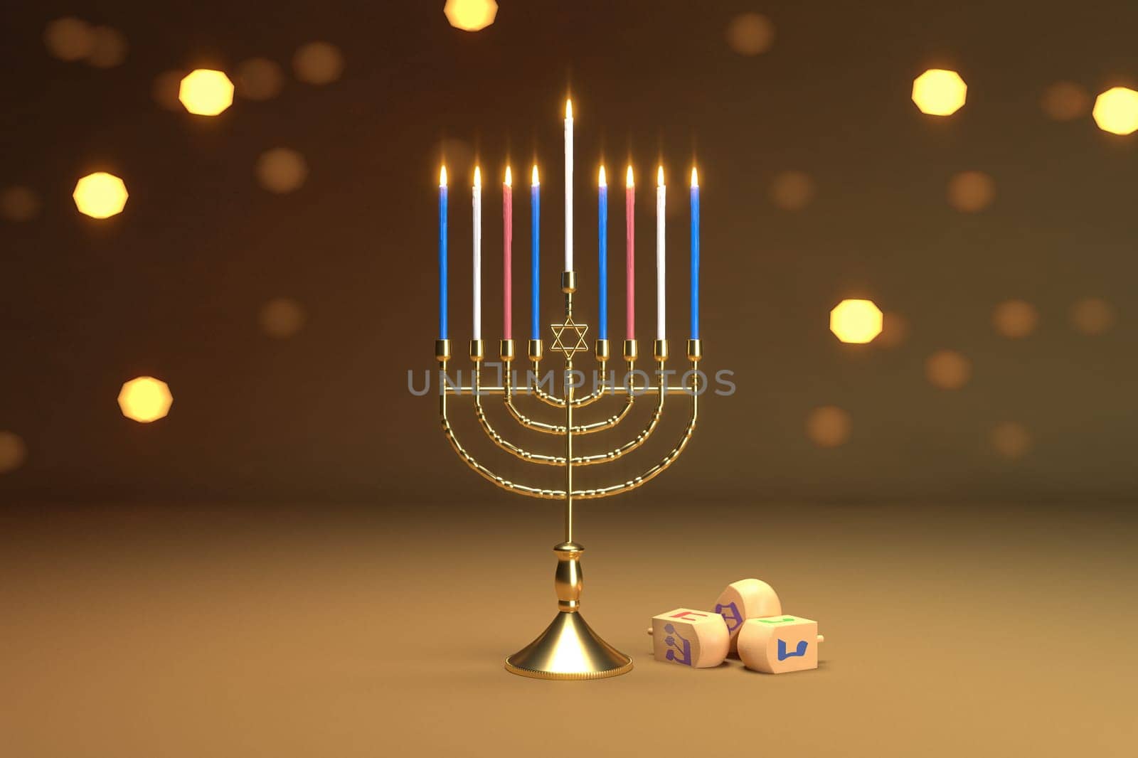 3d rendering Image of Jewish holiday Hanukkah with  menorah or traditional Candelabra and wooden dreidels or spinning top on a  bokeh background.