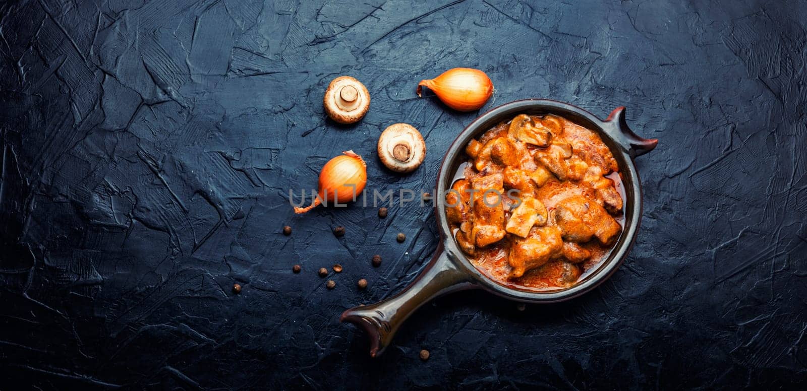 Taty beef stroganoff meat. Meat with mushrooms and mashed potatoes. Russian food