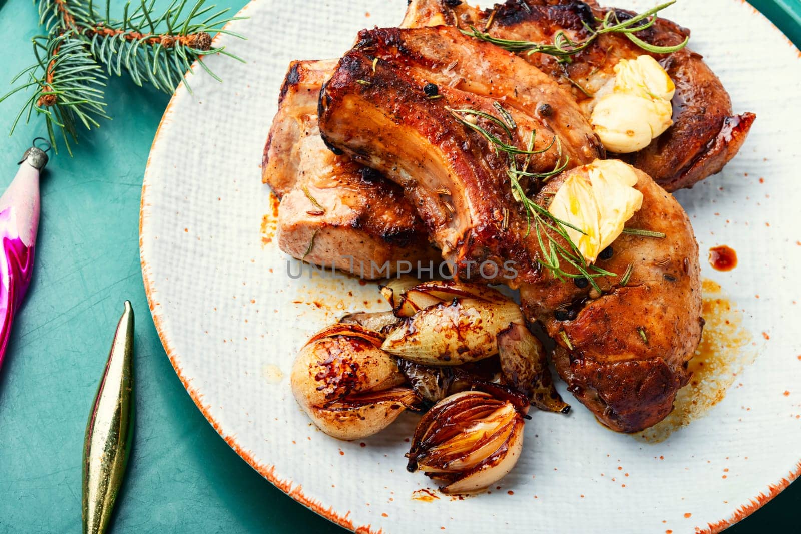 Fried, baked pork loin for the Christmas table. Pork rack