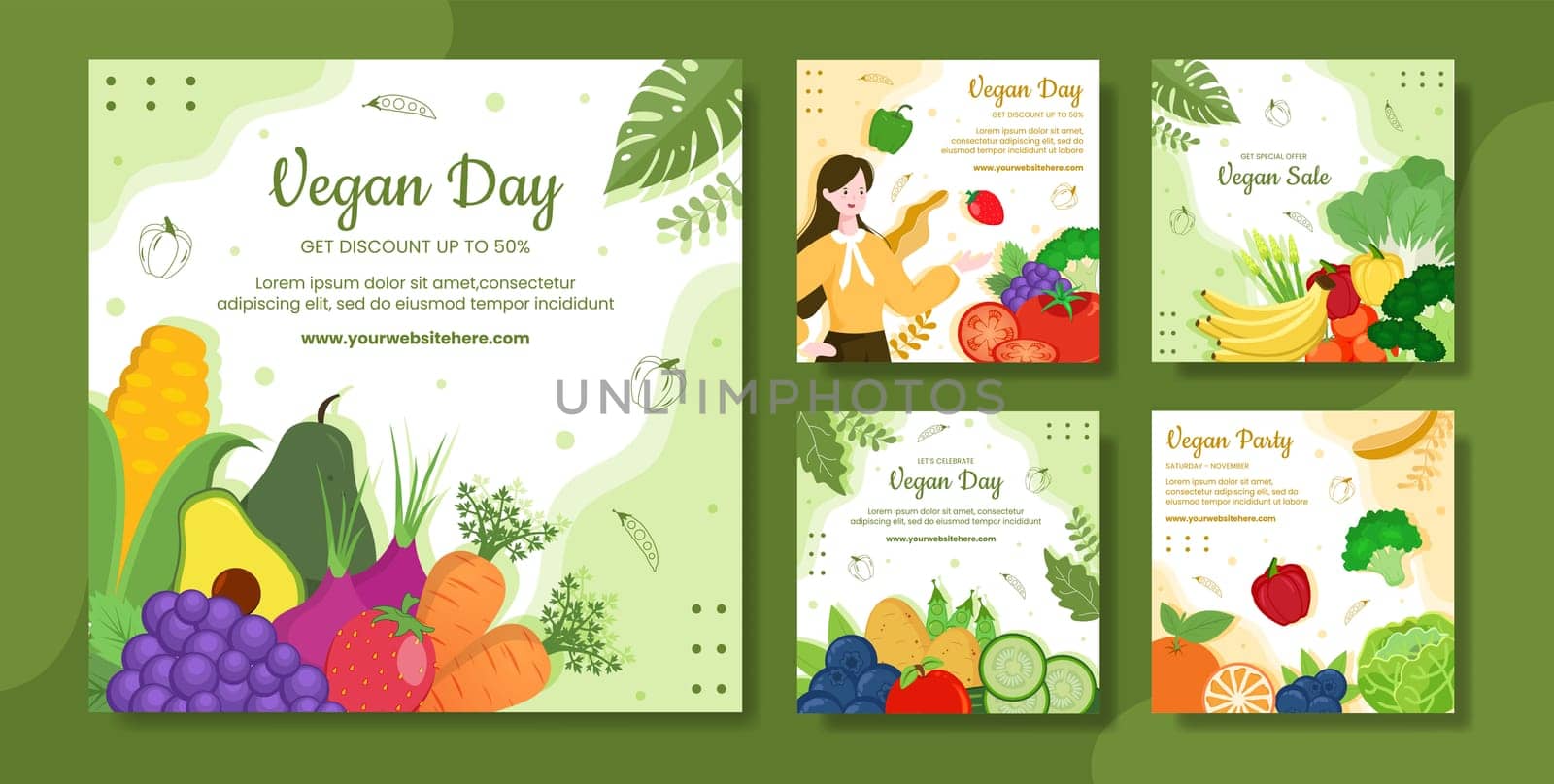 Happy Vegetarian Day or Vegan Social Media Post Template Hand Drawn Cartoon Flat Illustration
