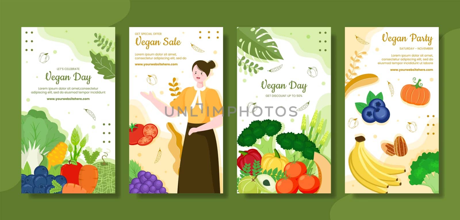 Happy Vegetarian Day or Vegan Social Media Stories Template Hand Drawn Cartoon Flat Illustration