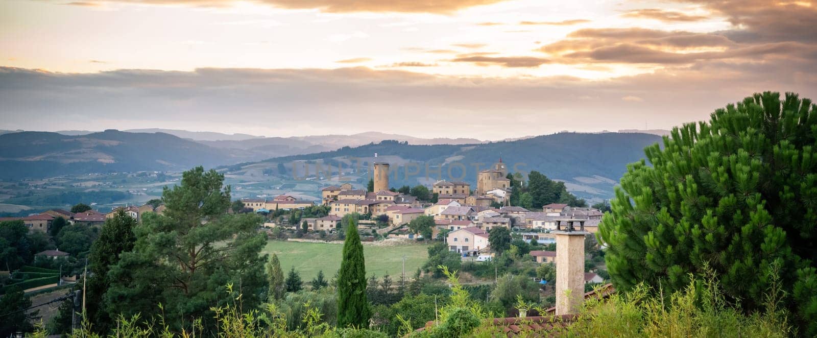 Beautiful landscape and medieval village named Oingt in Beaujolais zone, Rhone Alpes Auvergne, France
