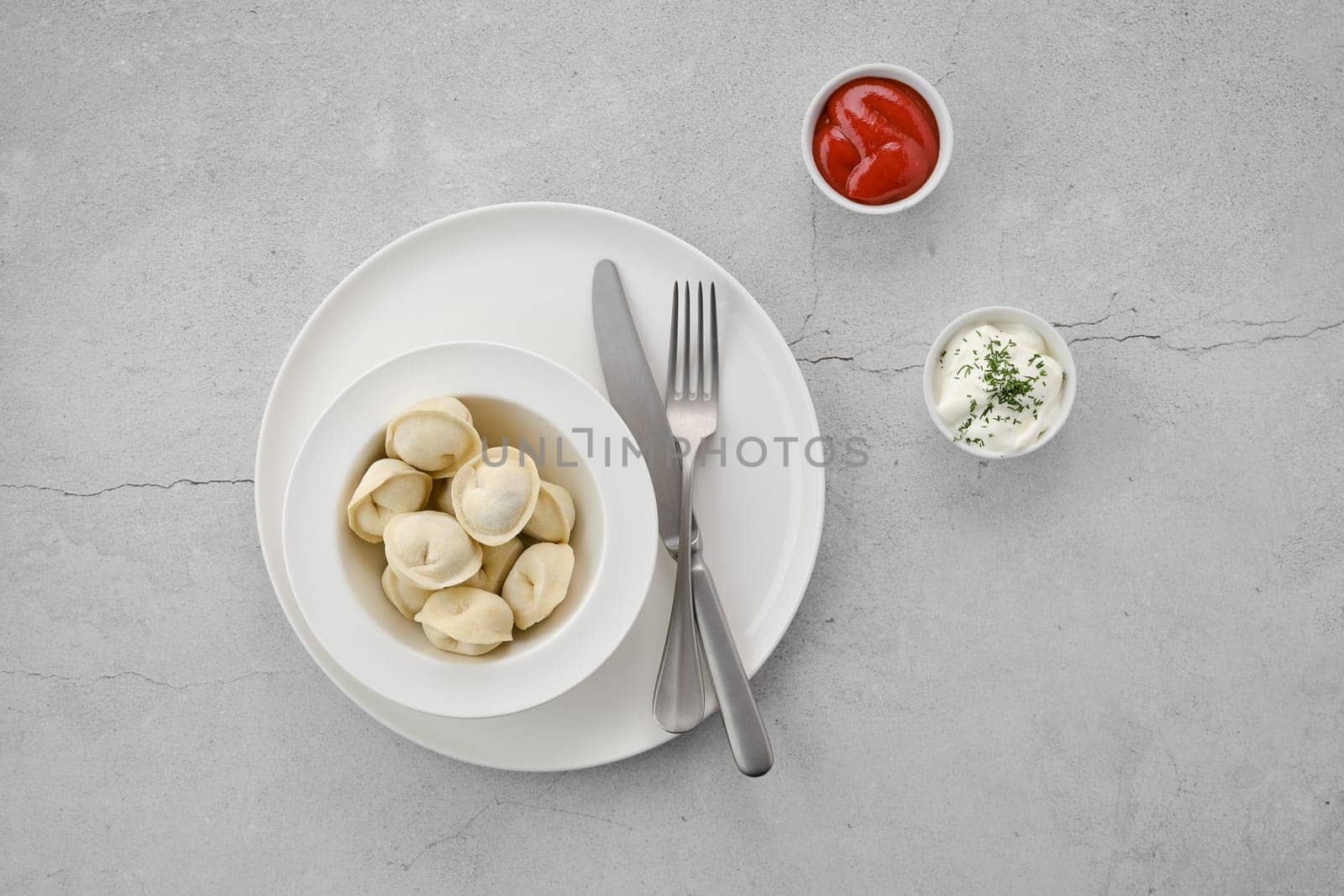 Top view of frozen semifinished dumplings stuffed with beef meat