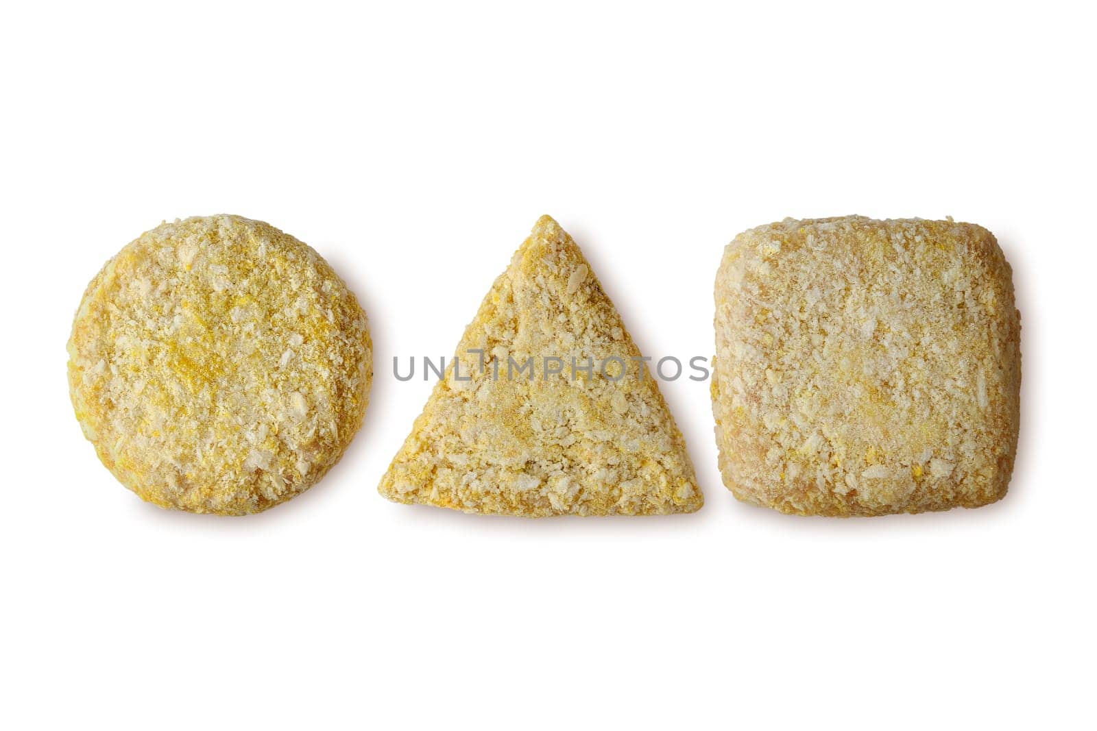 Round, triangular and square squid cutlet isolated on white