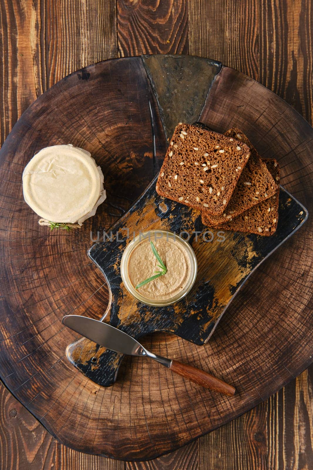 Overhead view of wild deer liver pate, homemade rustic snack