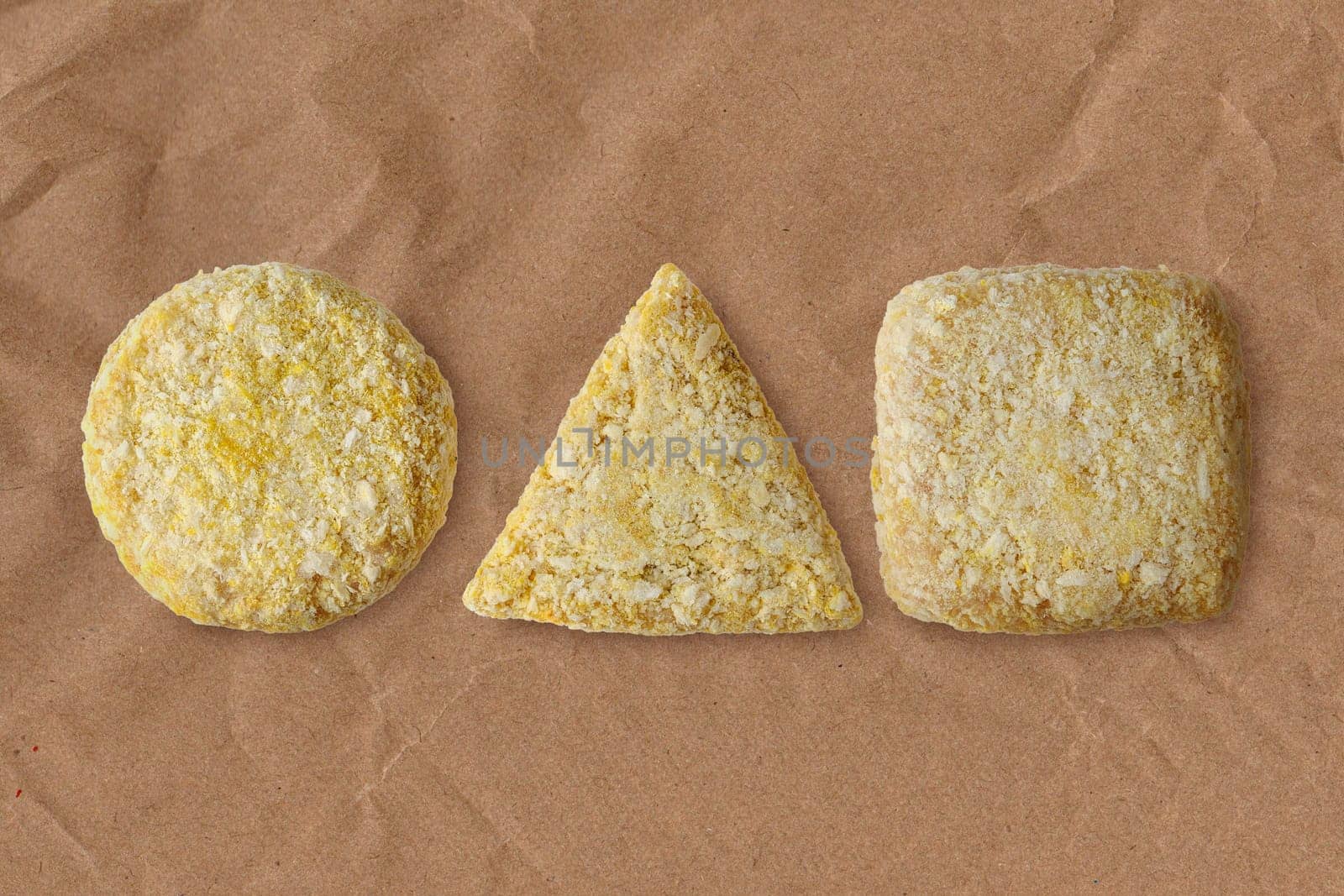 Round, triangular and square squid cutlet
