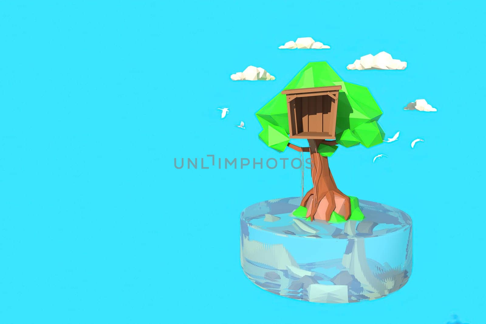 3D illustrator of house on the tree. 3D rendering of a low polygon model including path selection
