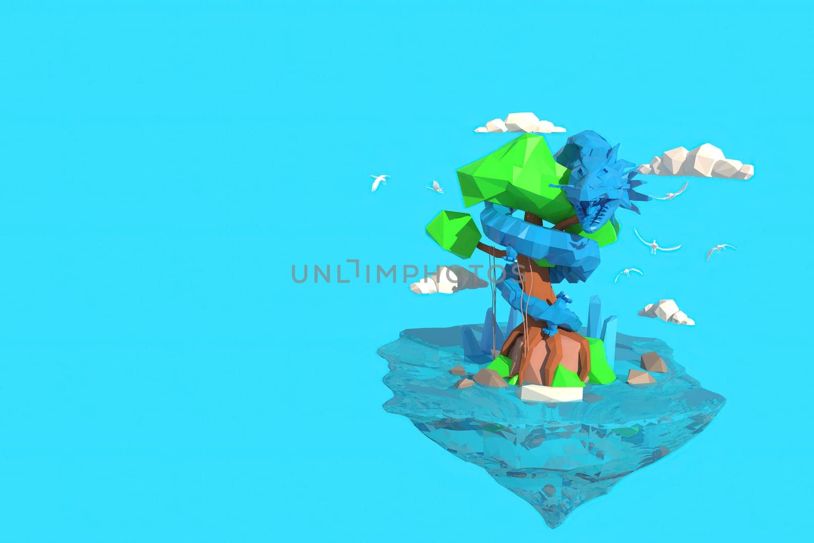 3D illustrator of a dragon wrapped around a tree. 3D rendering of a low polygon model including path selection