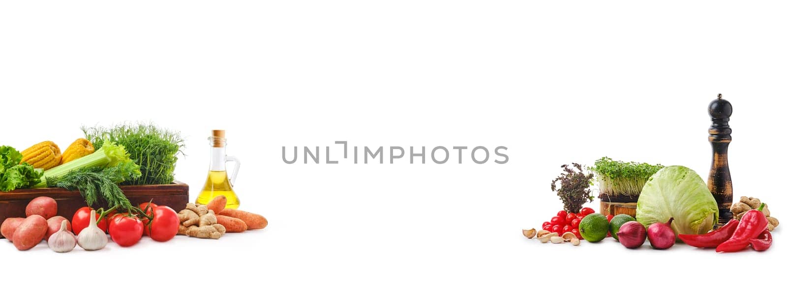 Variety of fresh juicy vegetables and herbs with spice on white background. World food day concept.