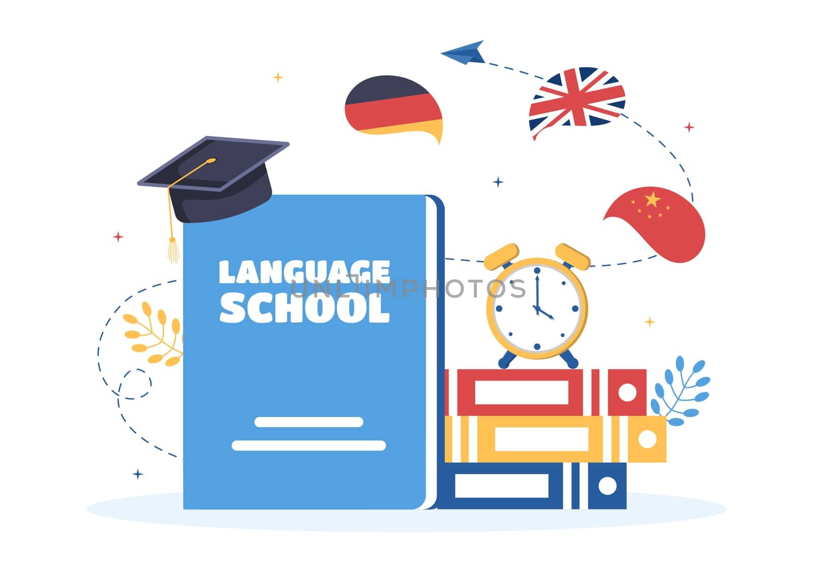 Language School Template Hand Drawn Cartoon Flat Illustration of Online Learning, Courses, Training Program and Study Foreign Languages Abroad