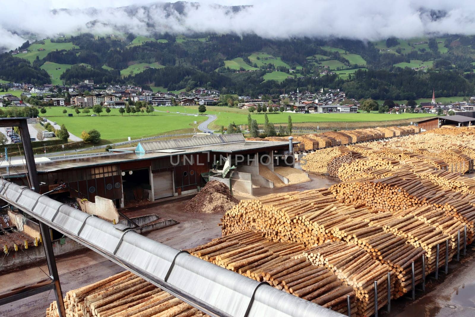 Rundholzlager und Verarbeitung im Sägewerk der Binderholz GmbH, Tirol, Oesterreich, Fuegen