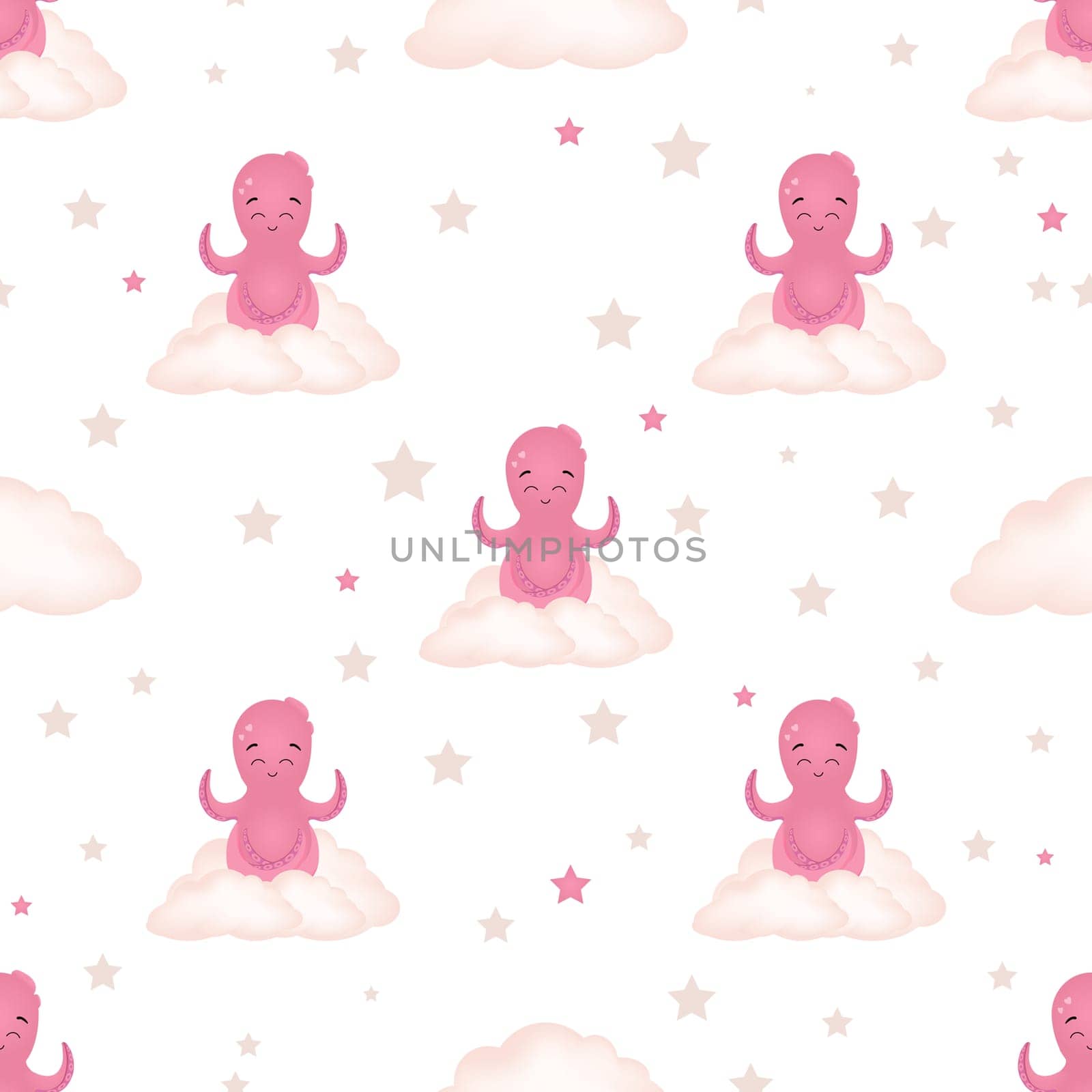 Vector illustration of a pink octopus. Seamless pattern for babies. Sea squid illustration for children's room. Cute cartoon octopus pattern. Summer marina background