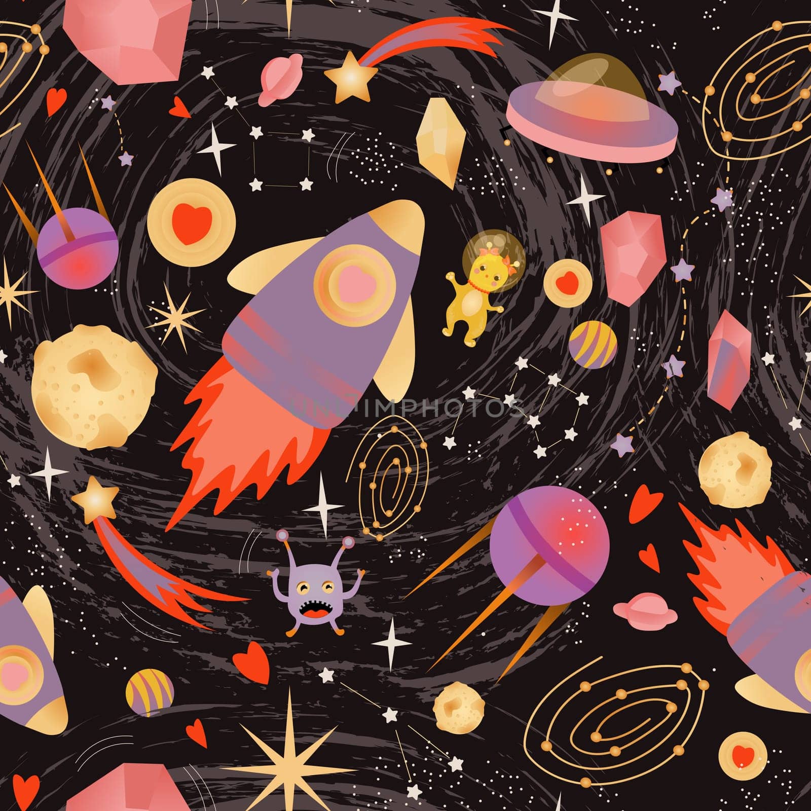 Galaxy pattern. Rocket, meteorite and ufo. Space seamless pattern.