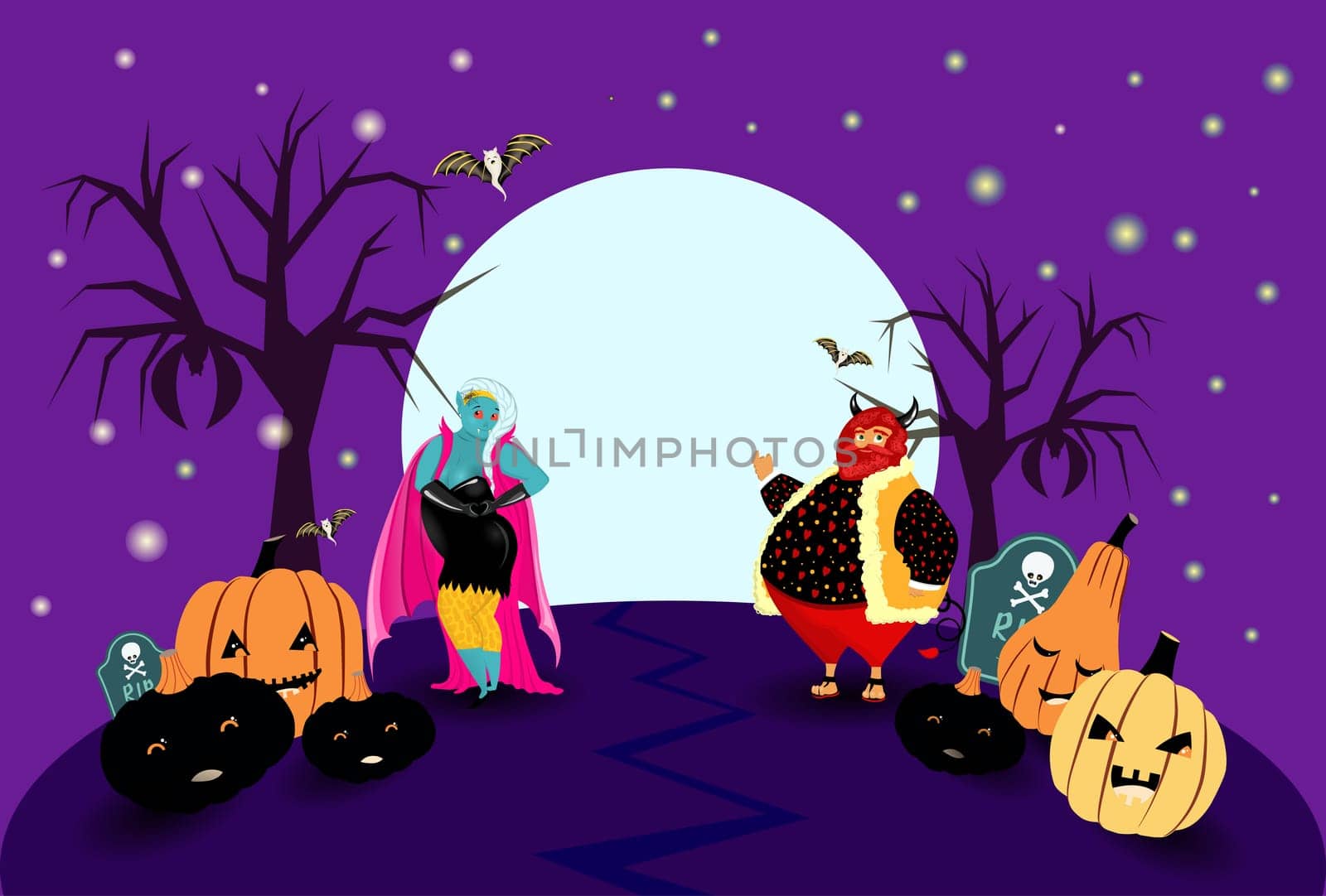 Halloween horizontal poster with vampires, pumpkins and devil. Bright Halloween design.