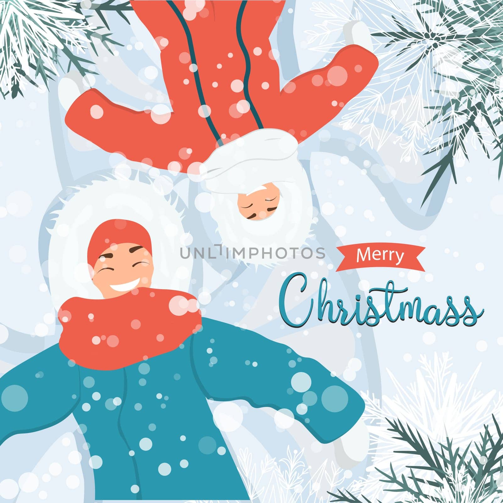 A woman and a child lie on the snow.Games on the street in winter. Winter activity. Snowing. Merry Christmas.