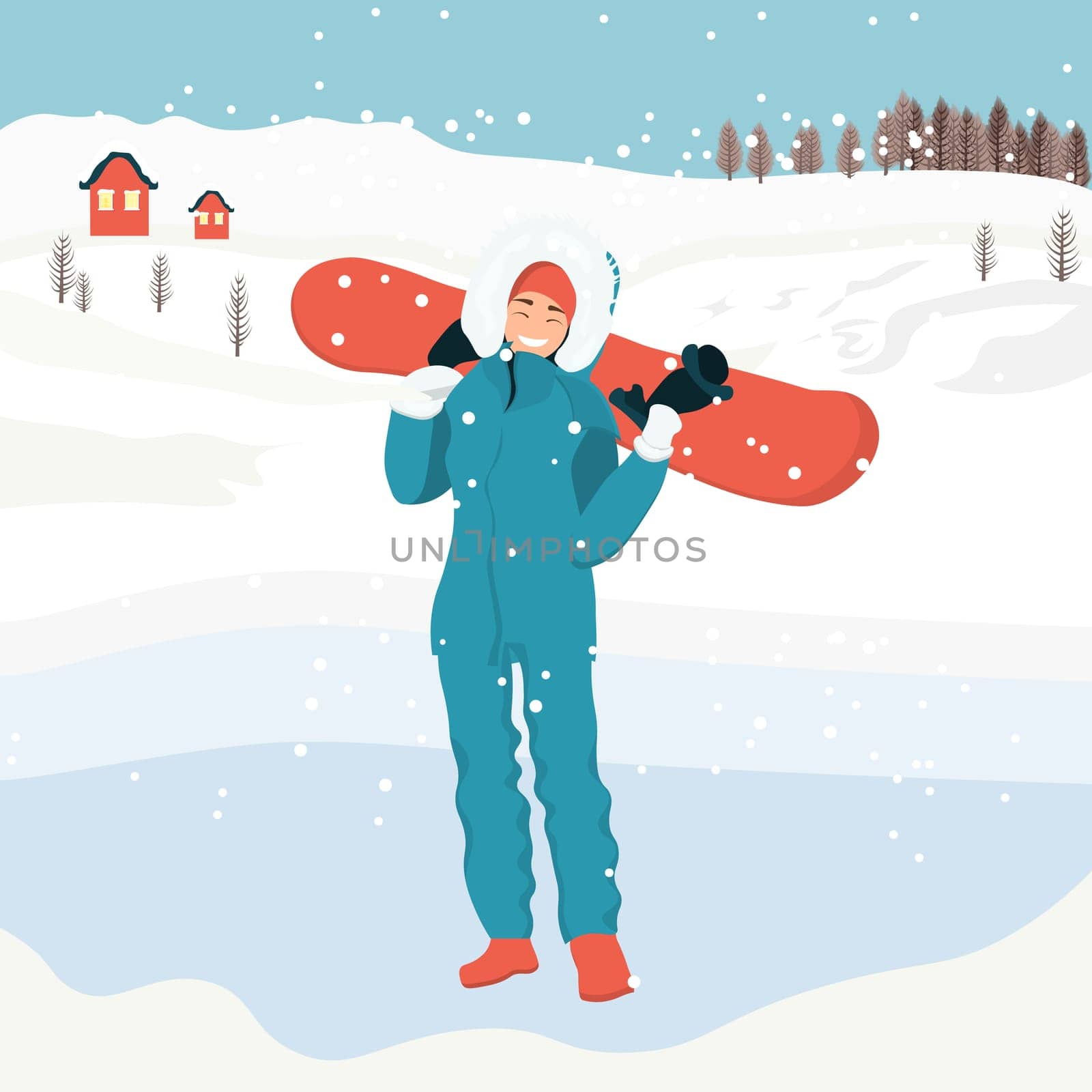 A woman in warm clothes holds a snowboard.Snowboarding. Winter activity. Winter sport.