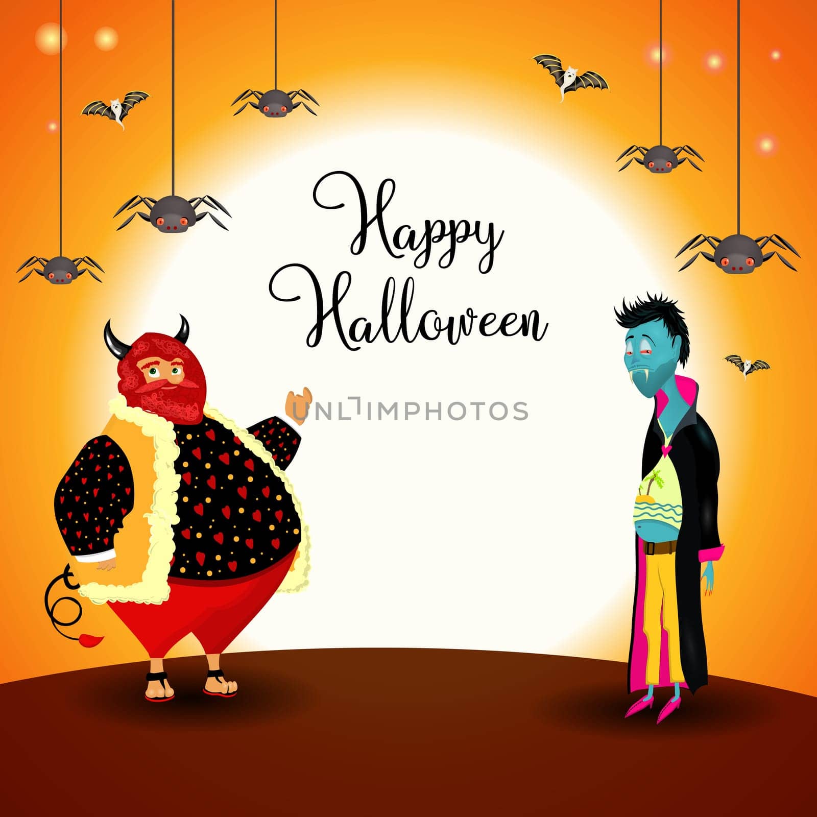 Halloween horizontal poster with vampires, pumpkins and devil. Bright Halloween design.