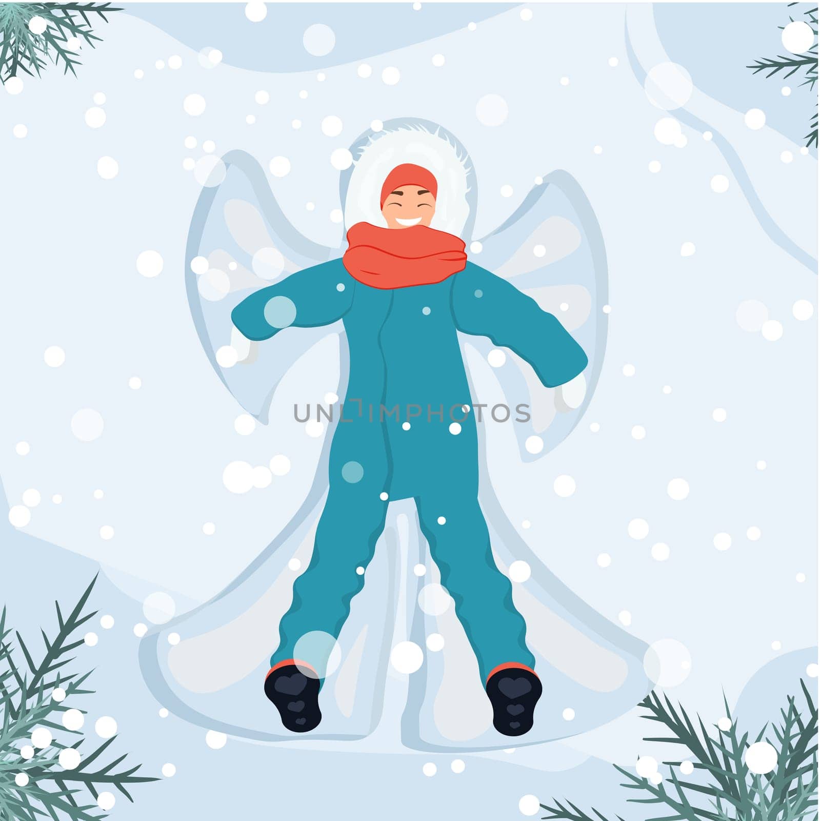 A woman lies on the snow in winter clothes. Snowing. Mountains in the background. Winter activities.Vector illustration in flat style