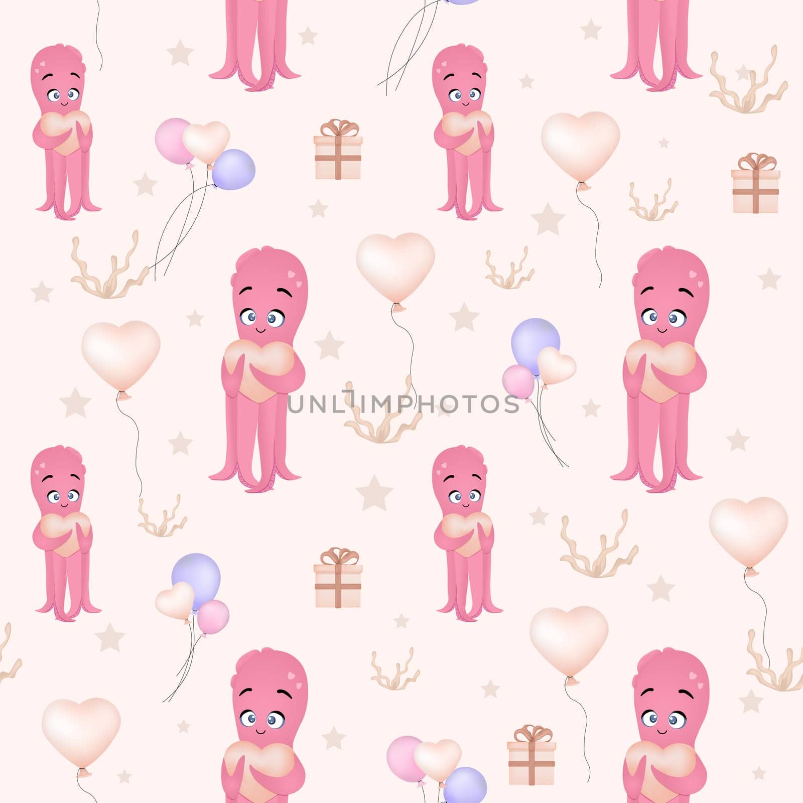 Vector illustration of a pink octopus. Seamless pattern for babies. Sea squid illustration for children's room. Cute cartoon octopus pattern. Summer marina background