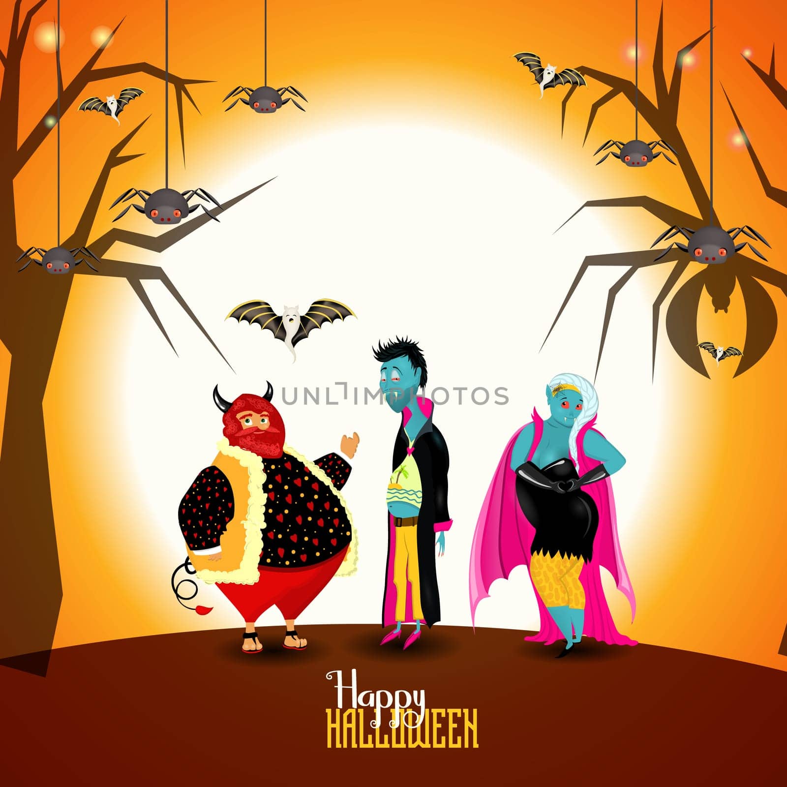 Halloween horizontal poster with vampires, pumpkins and devil. Bright Halloween design.