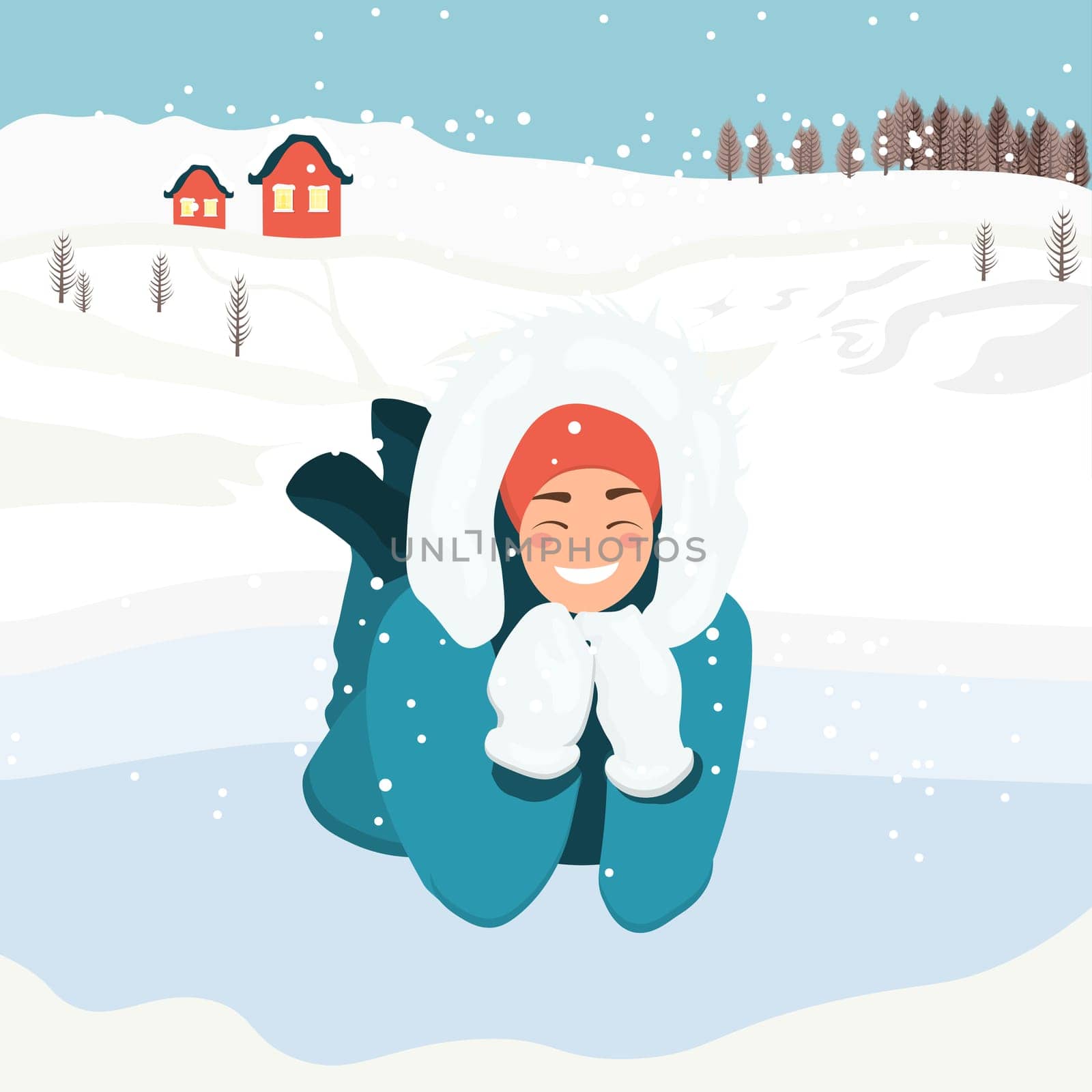 A woman lies on the snow in winter clothes. Snowing. Mountains in the background. Winter activities.Vector illustration in flat style