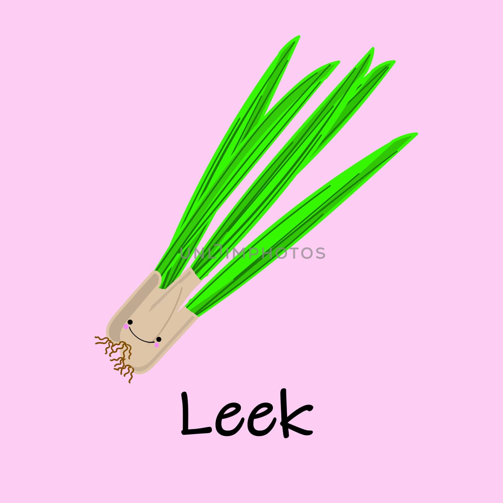 Kawaii cartoon leek vector illustration isolated on bright background.