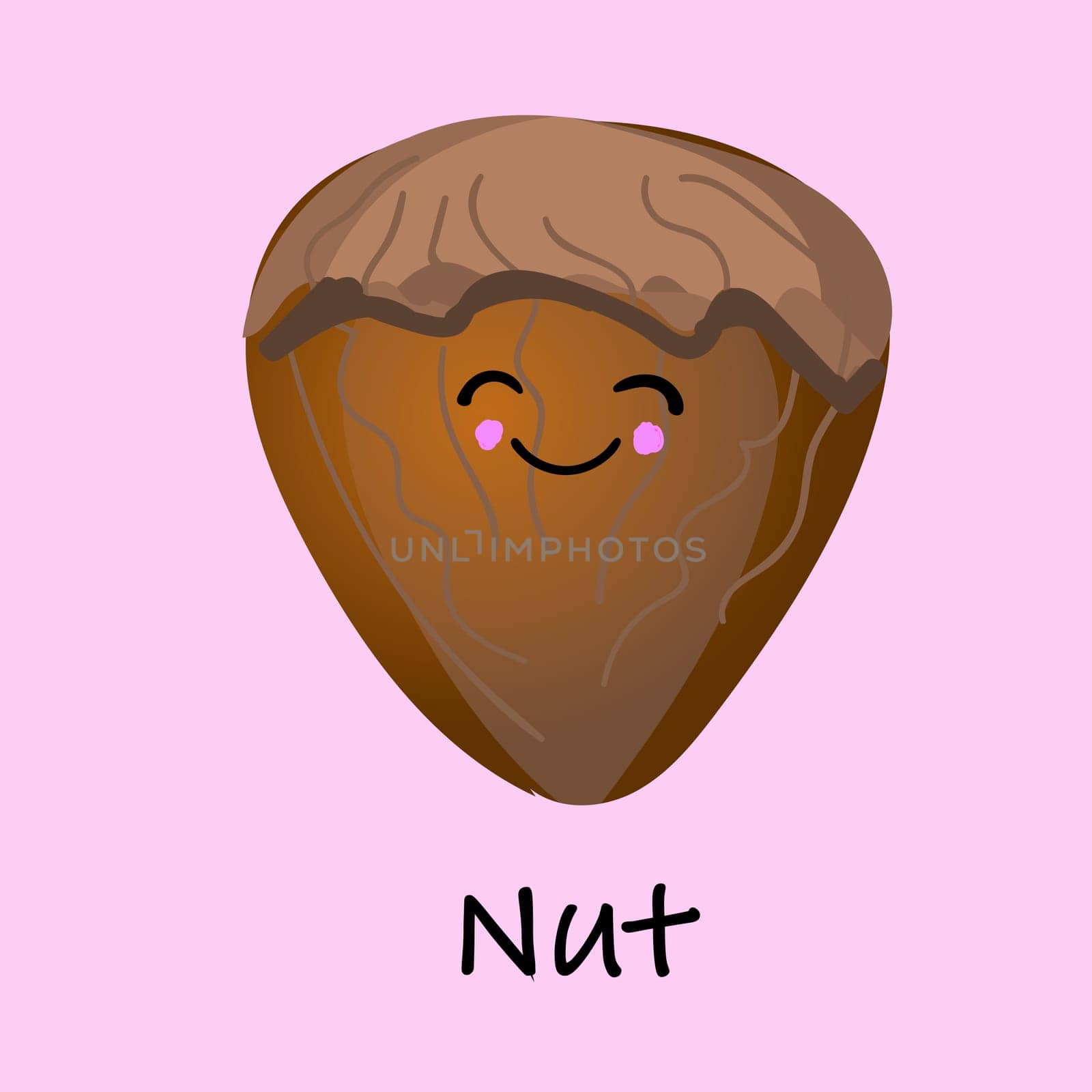 Funny cartoon almond nut character with brown dried fur coat with separated elements for vegetarian and healthy eating.