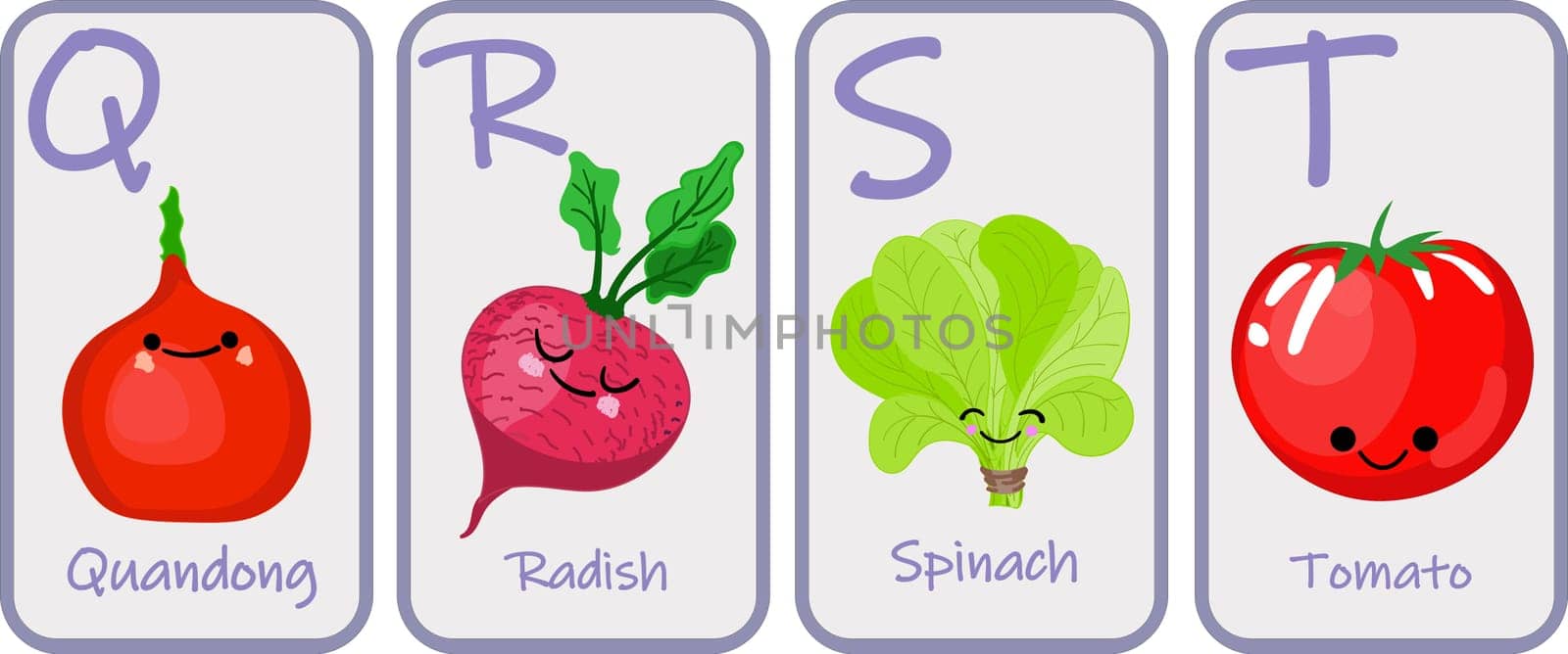 Illustration with funny characters. Children s font in cartoon style VEGETABLES . Set of multicolored bright letters for inscriptions AND TRAINING. Vector illustration of the alphabet..