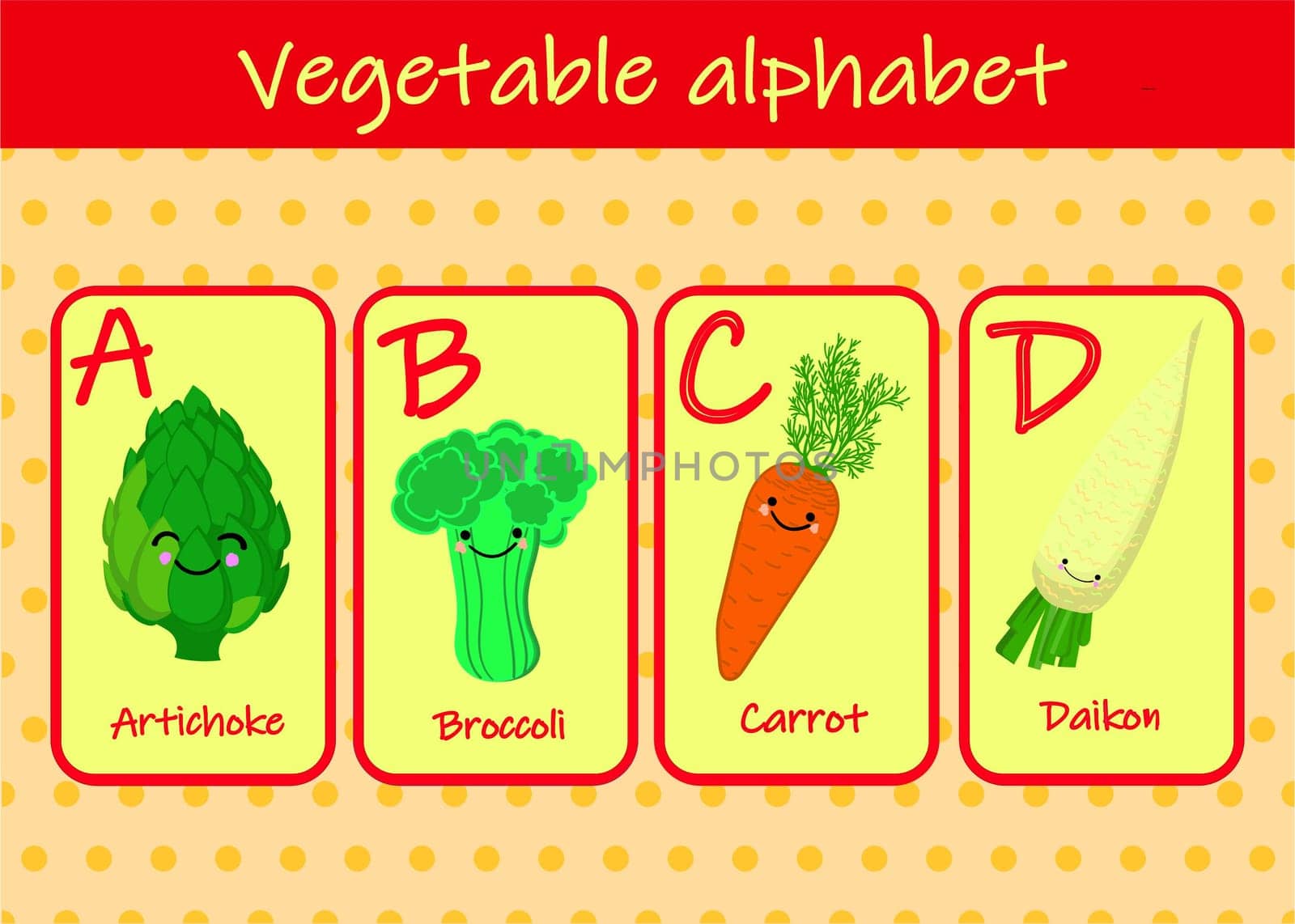Illustration with funny characters. Children's font in cartoon style VEGETABLES . Set of multicolored bright letters for inscriptions AND TRAINING. Vector illustration of the alphabet..