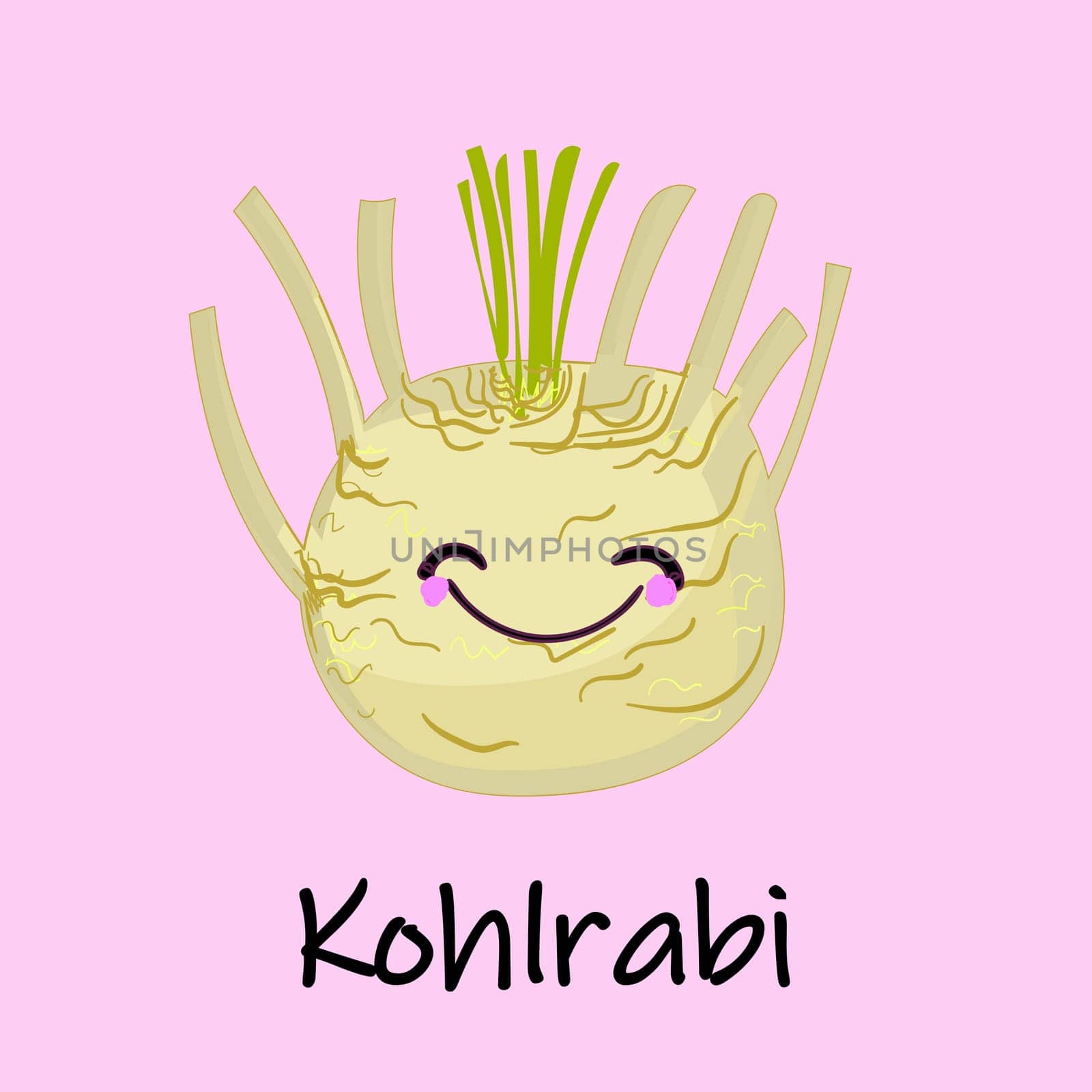 Waving character kohlrabi on a wooden table.cabbage turnip. Kohlrabi plant. Harvest vegetable. Brassica oleracea. Vector flat icon Illustration.