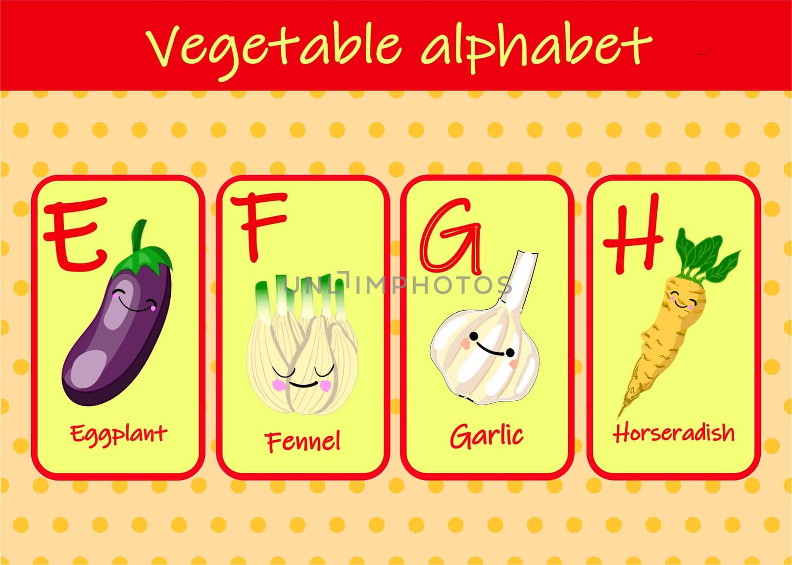 Illustration with funny characters. Children's font in cartoon style VEGETABLES . Set of multicolored bright letters for inscriptions AND TRAINING. Vector illustration of the alphabet..