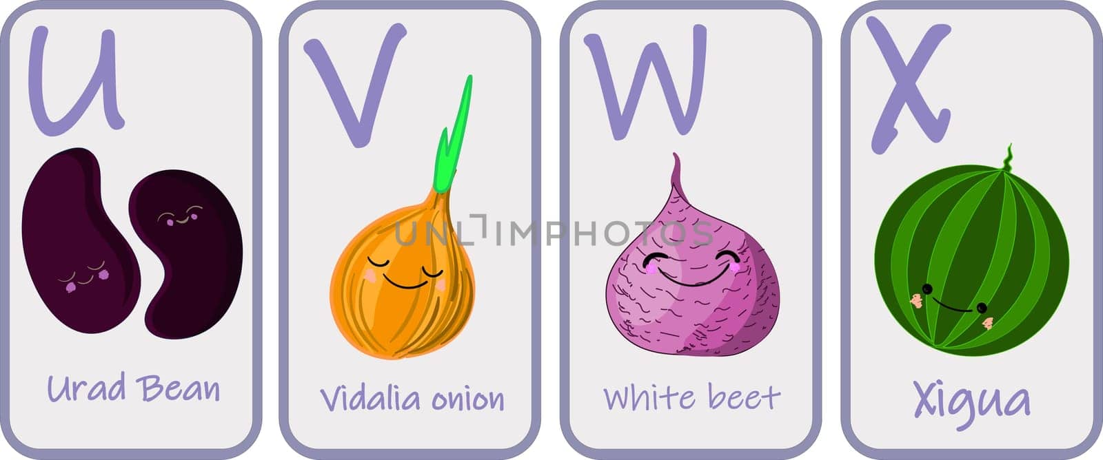 Illustration with funny characters. Children s font in cartoon style VEGETABLES . Set of multicolored bright letters for inscriptions AND TRAINING. Vector illustration of the alphabet..