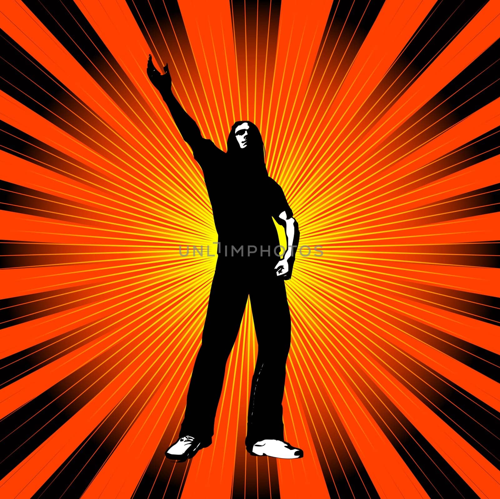 Rocker style man with arm raised and looking upwards