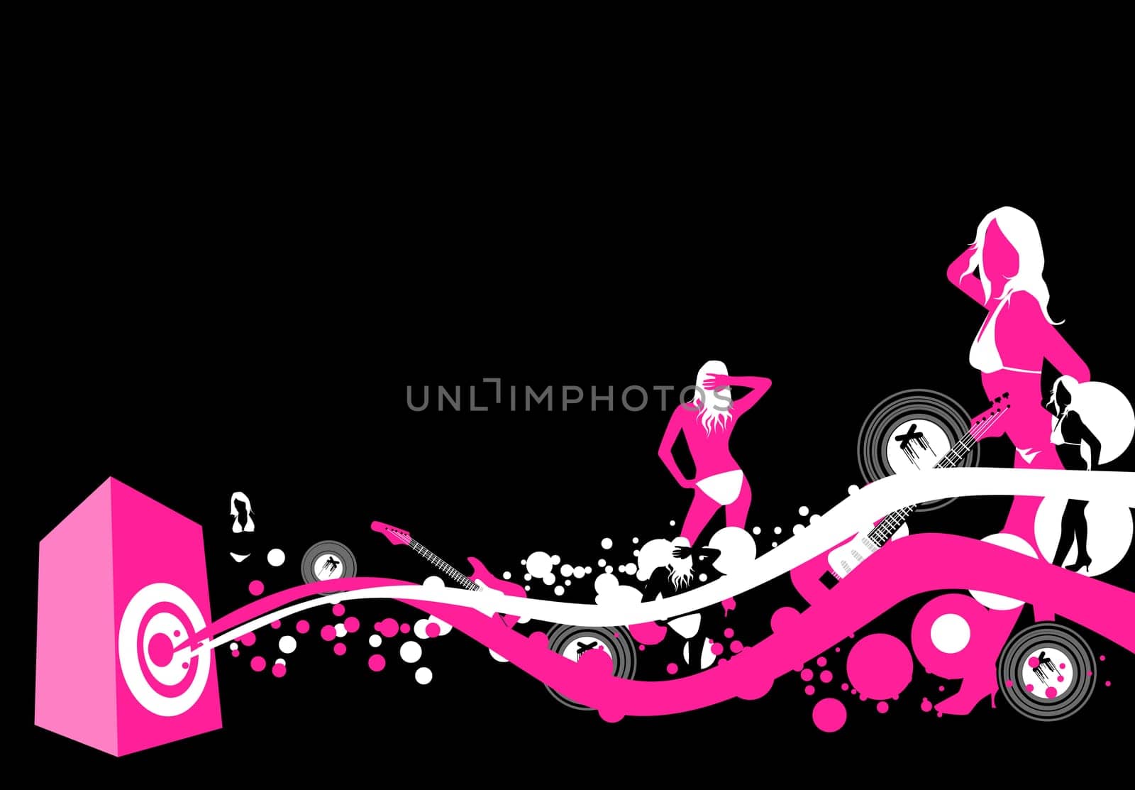 illustration with dancing people and music elements