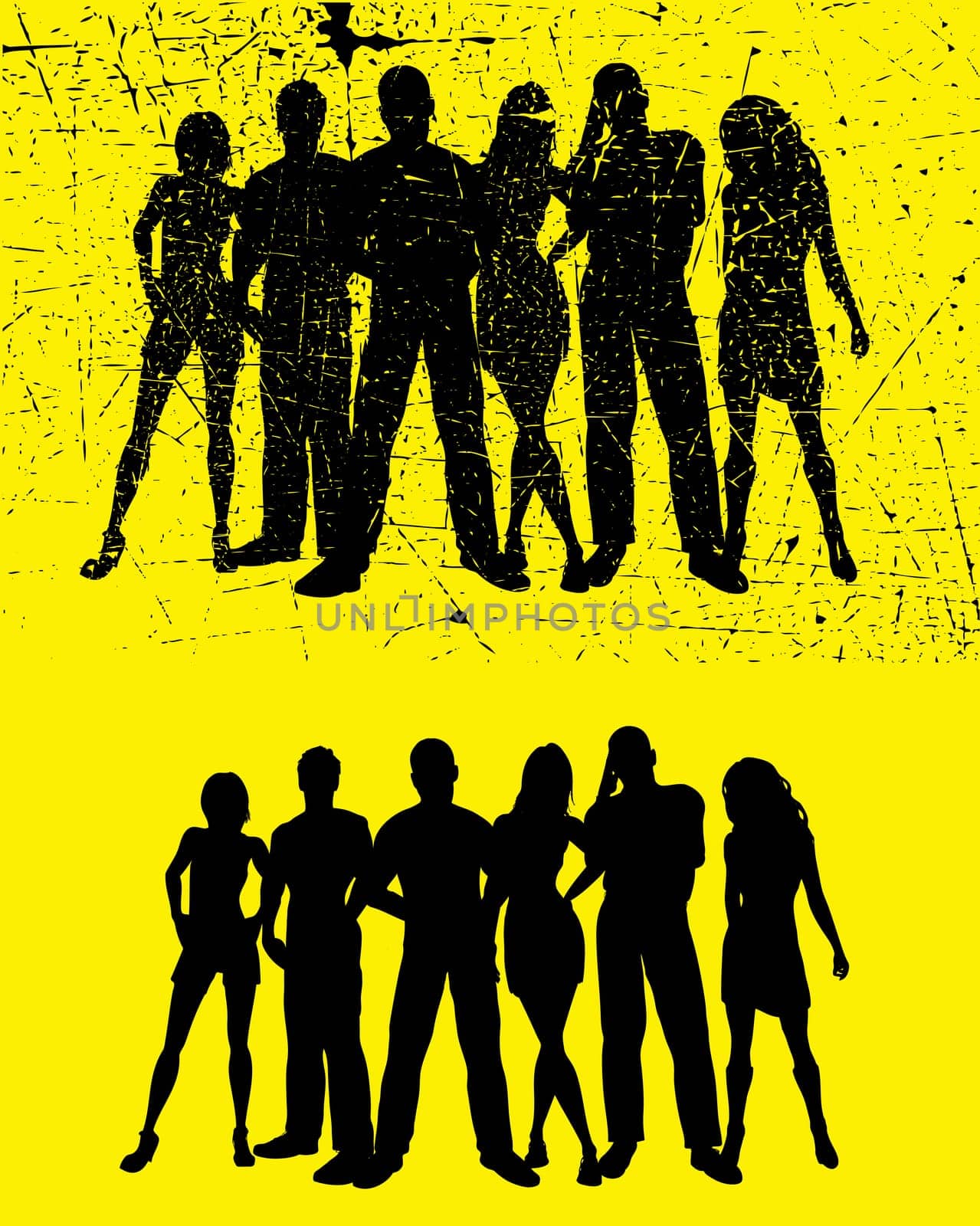 Silhouette of a group of friends - one set with grunge effect added.