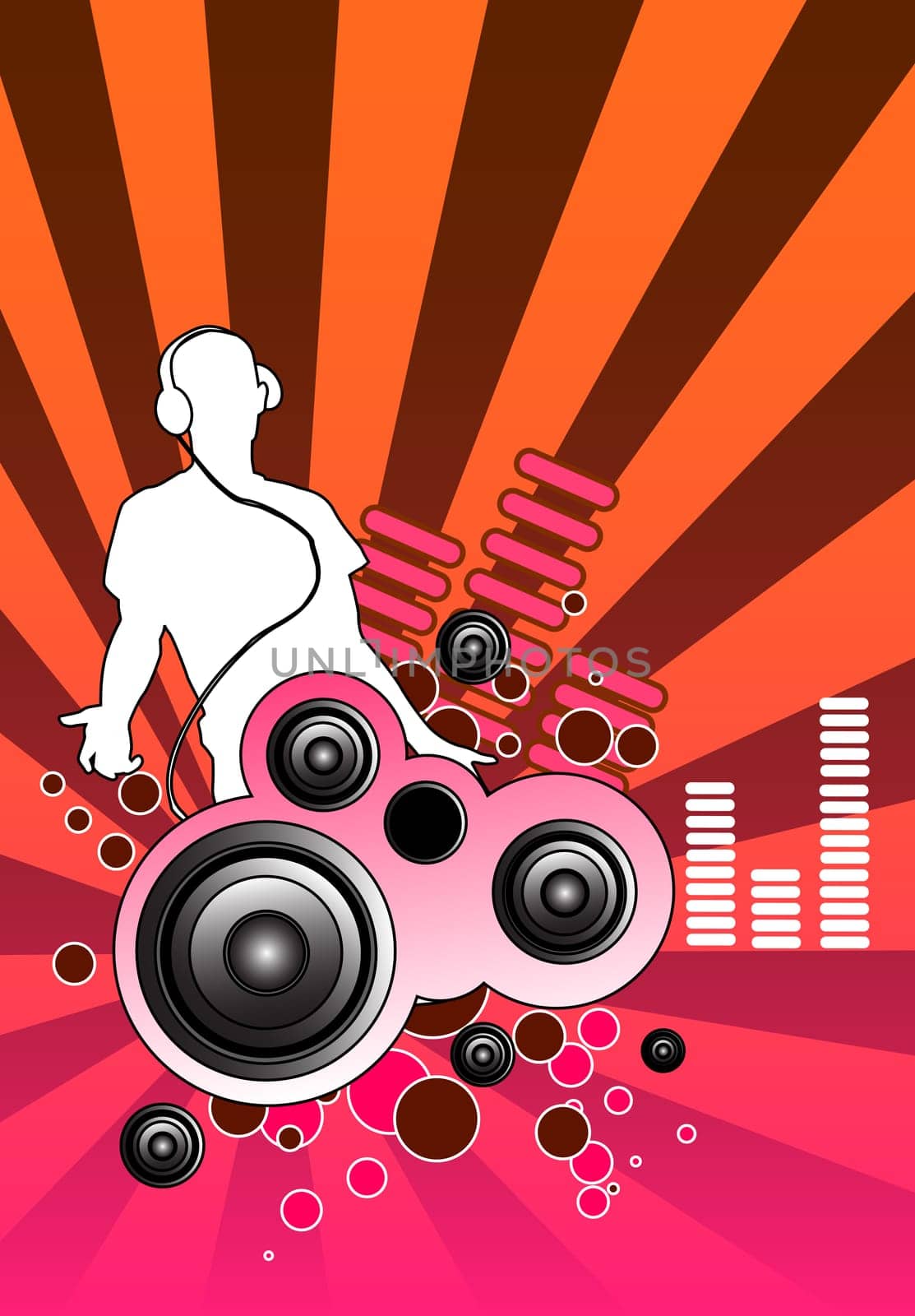Design piece with a DJ and various musical elements including speakers.