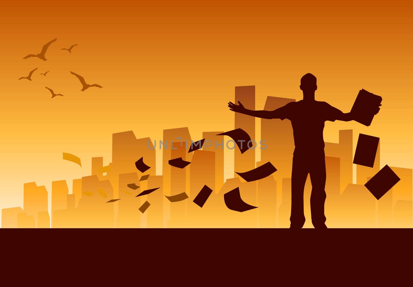 A man  on top of the city with paperwork flying away
