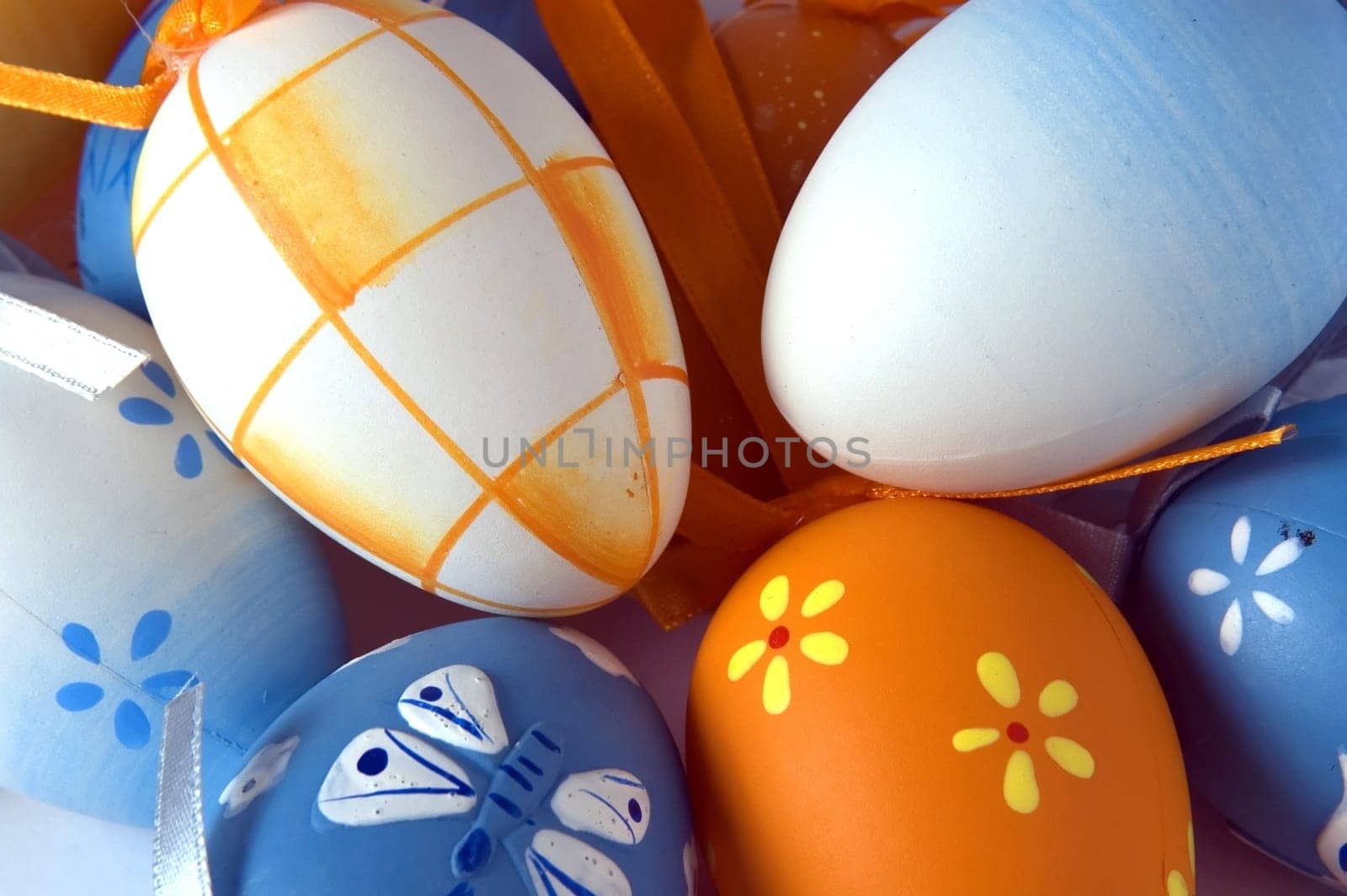 close-up of a bunch of colorful easter eggs