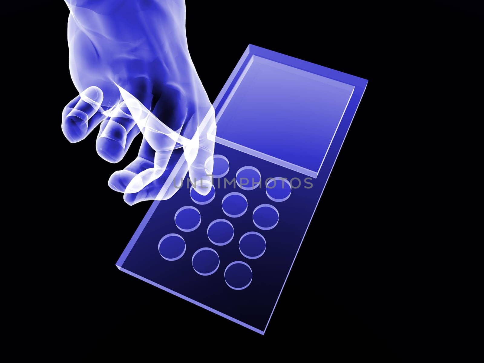 A computer created image of a mobile phone with a added xray effect.